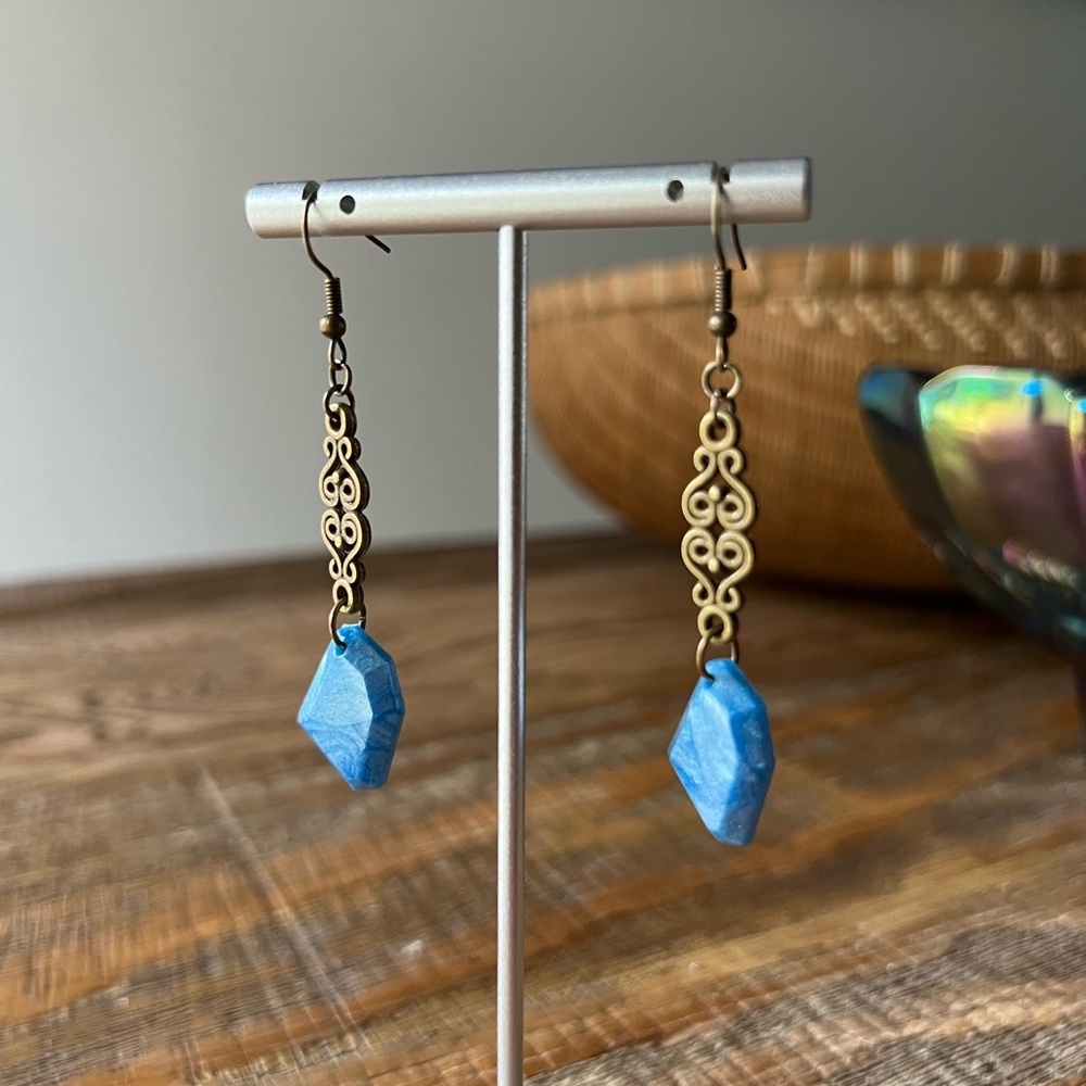 Handmade Blue Resin & Antique Bronze Dangle Earrings | ArtTrifecta